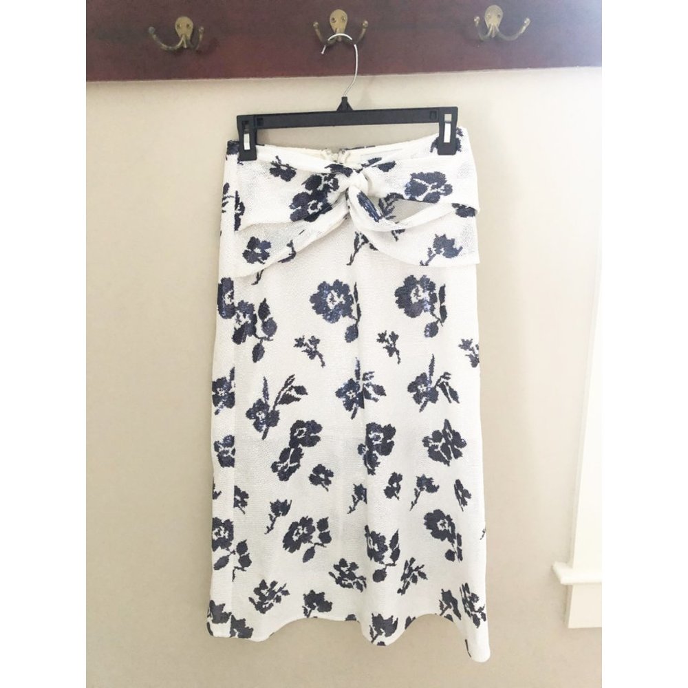 Self-Portrait Women's White Blue Floral Sequin Midi Skirt 4 - Picture 2 of 6